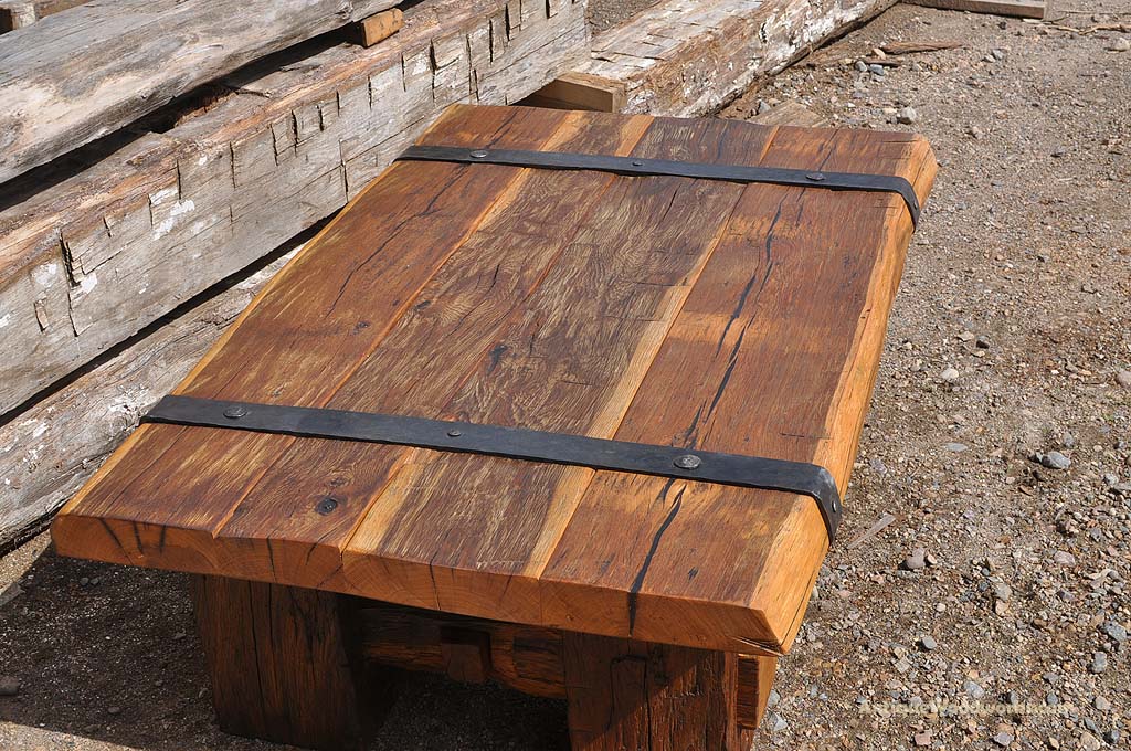Reclaimed Wood Coffee Table with Iron Straps - Antique 